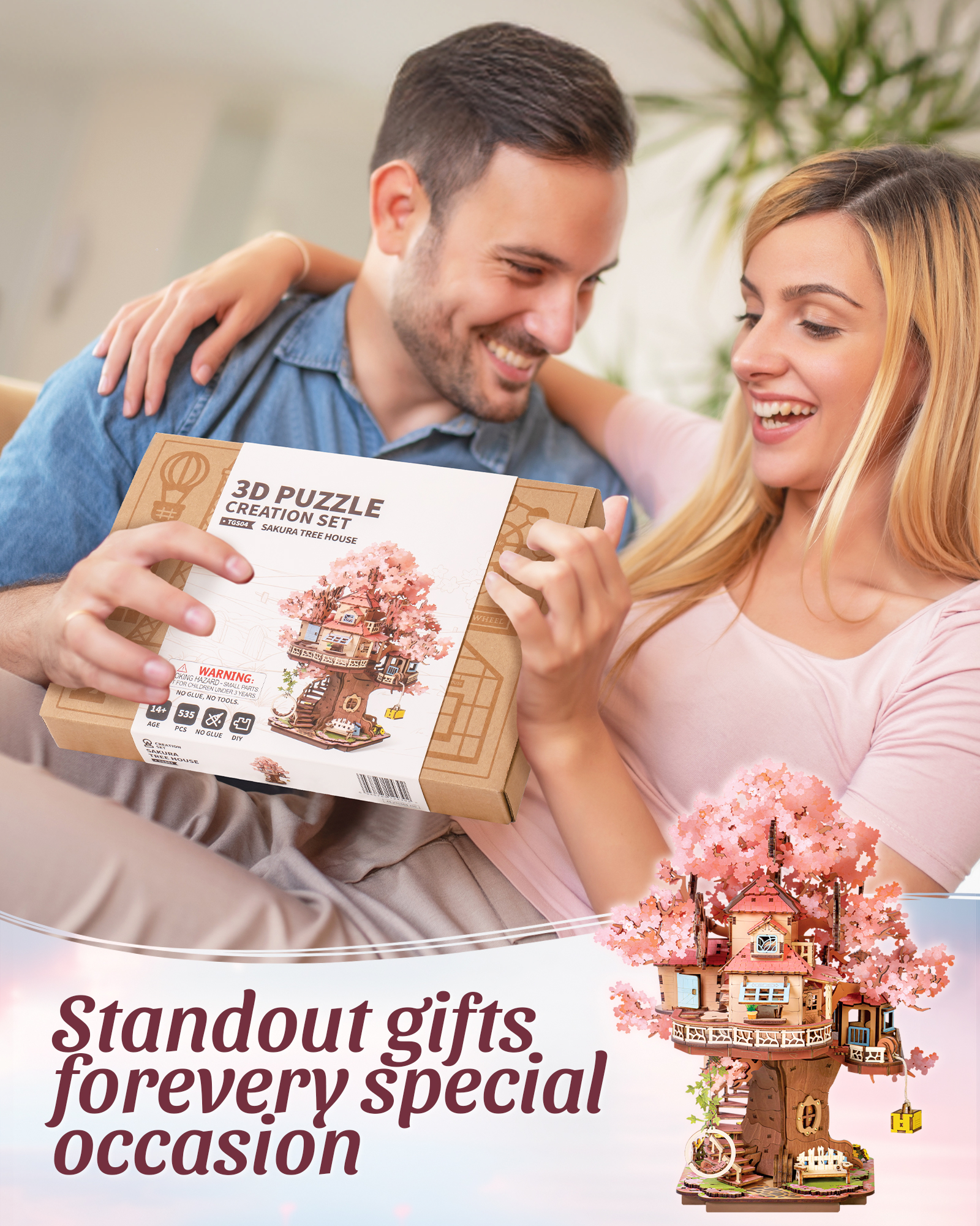 Rolife DIY Miniature Sakura House Set - Sakura Tree House, 3D Wooden Japanese Sakura Building Kit With Swing And Spiral Staircase, 535 Pieces, Bonsai Craft Home Decor Gift For Adults And Teens