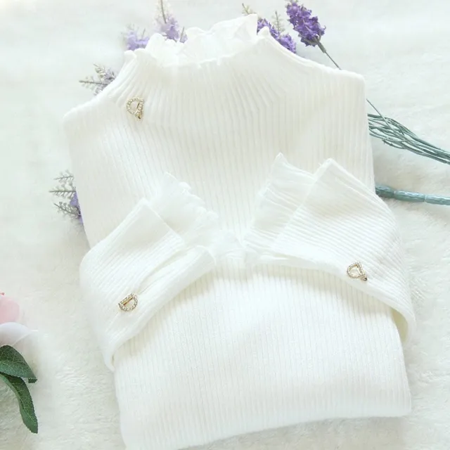 Half High Collar Bottom Sweater With Wooden Ear Edge Top For Women White - Shop at LoveMi