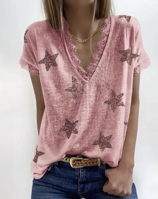 V neck Printed Lace T shirt Wine Red - Shop at LoveMi