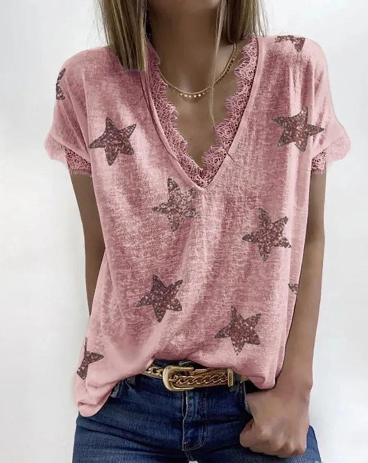 V-neck Printed Lace T-shirt - Wine Red
