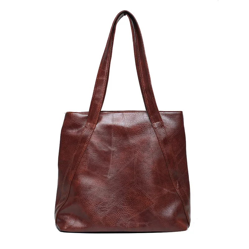 Retro Tote Bag Fashion PU Stitching Shoulder Bag - Brown