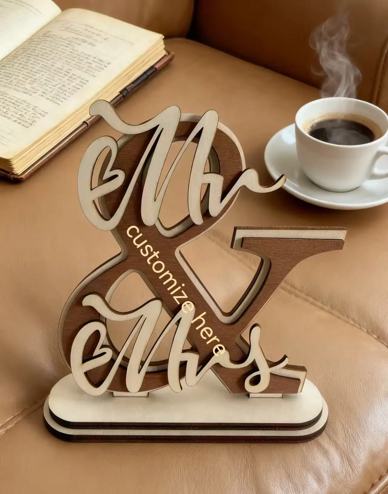 Personalized Ampersand & Mr Mrs Wooden Table Sign With Base, Custom Engraved Couple Names & Wedding Date Freestanding Wood Decor, Wedding Sweetheart Table Cente