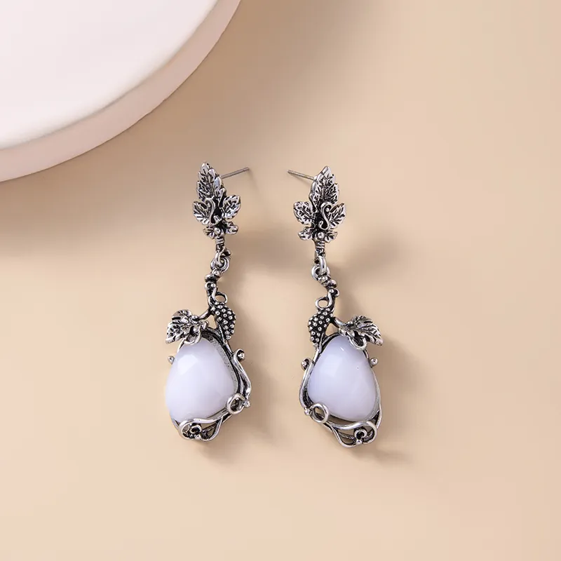 Vintage Leaf Flower Opal Stone Pendant Earrings - foto 4