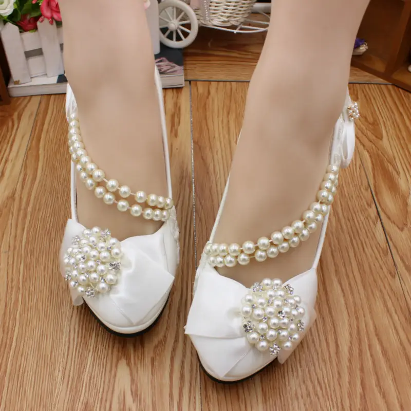Women's Bridal Heels with Bow and Pearl Accents
