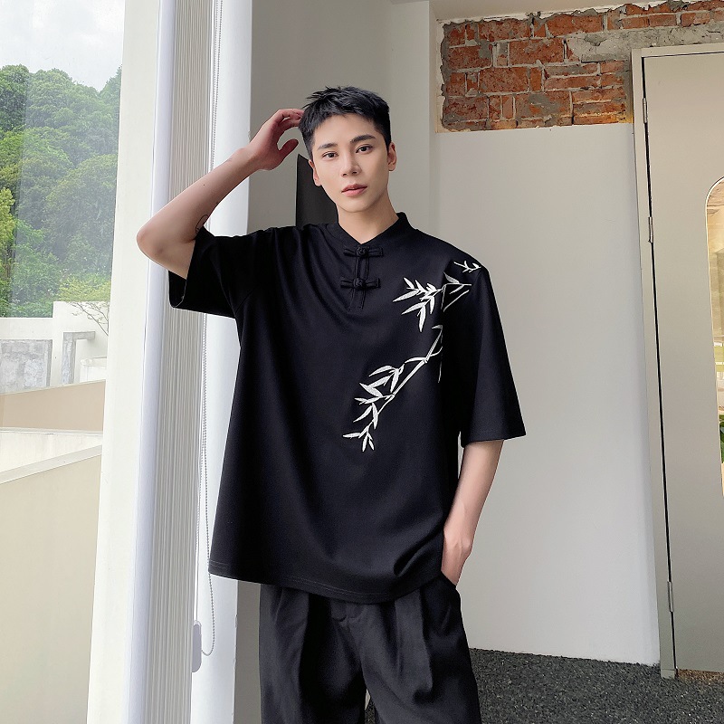 Men's Bamboo Leaf Embroidery Short Sleeved Shirt — image 1