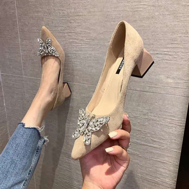 High Heels Design Sense Niche Temperament Elegant Thick Heel Beige - Shop at LoveMi