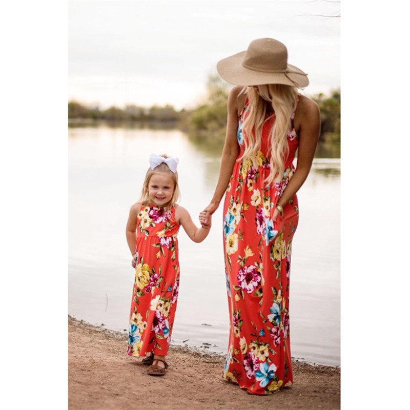 Printed Sleeveless Round Neck Long Parent-Child Dress