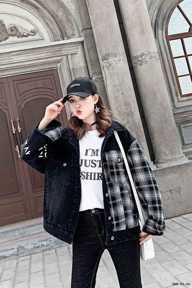 Title 5, Stitched Plaid Denim Jacket For Girls Loose