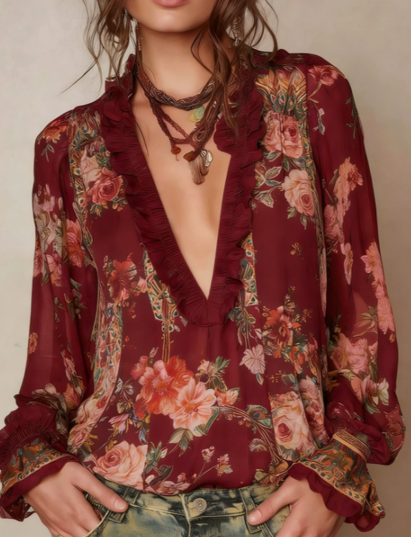 Women's Bohemian Retro V-neck Loose Long-sleeved Top