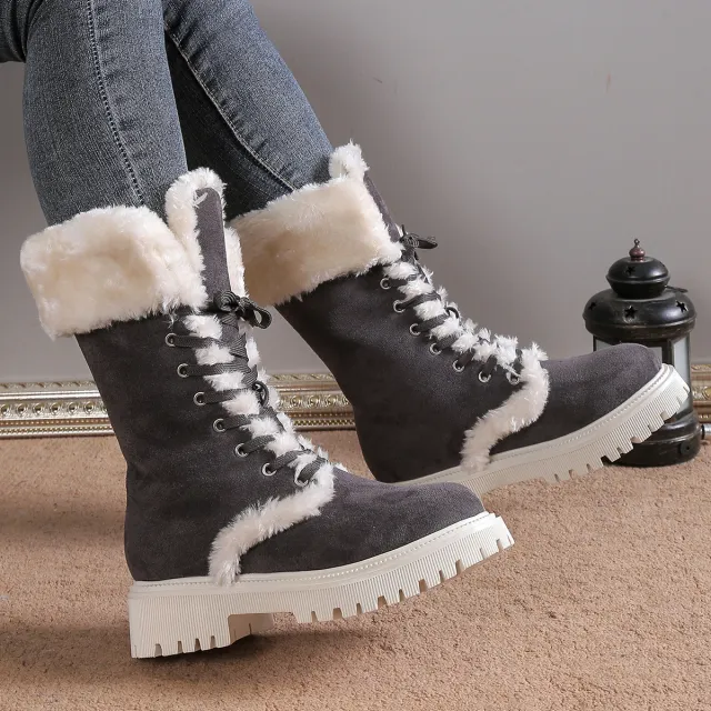 Winter Lace up Snow Boots For Women Mid tube Fleece Shoes Warm Chunky Heels Plush Boot Grey - Shop at LoveMi