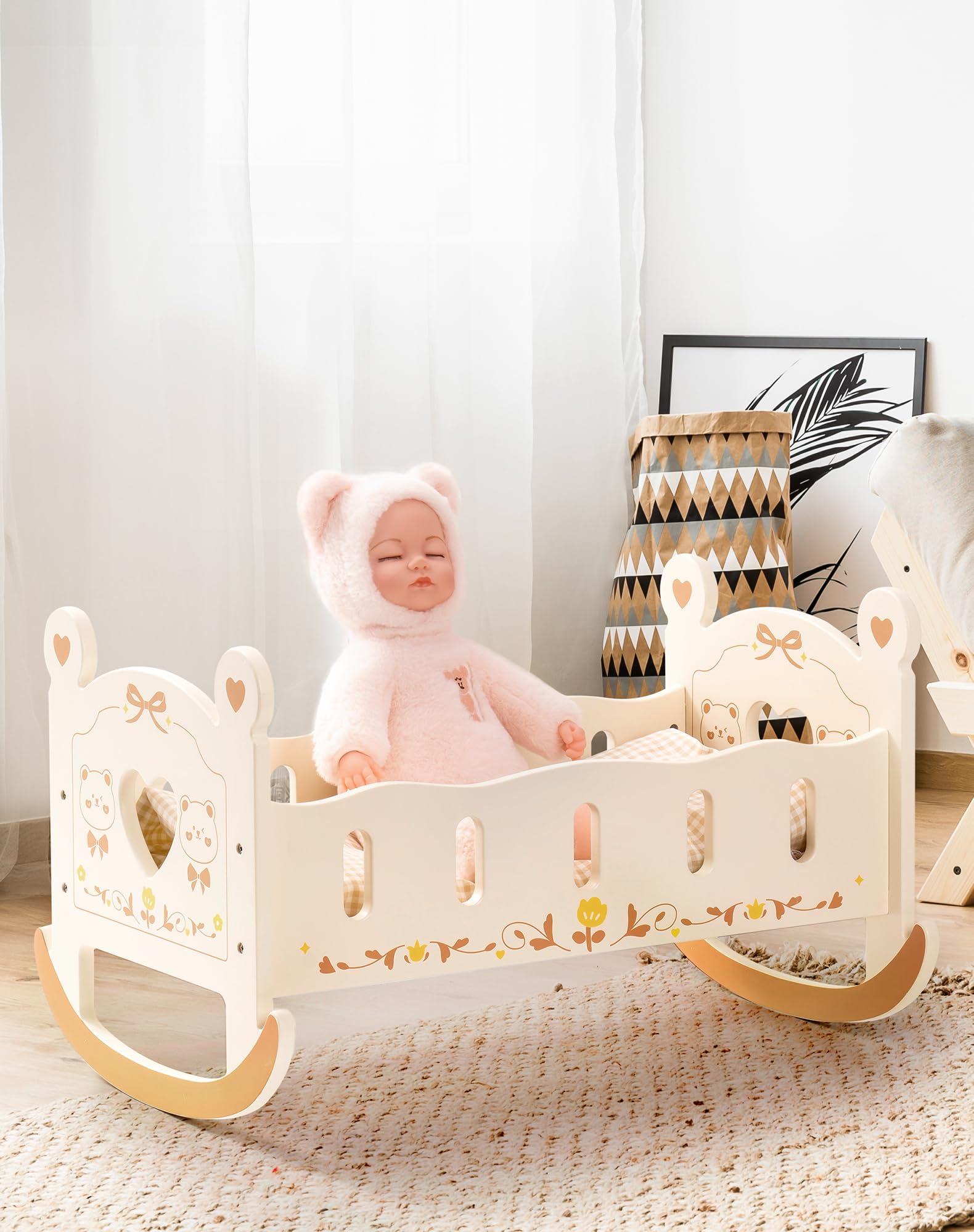 wooden baby doll cradle with bedding for 18 inch dolls