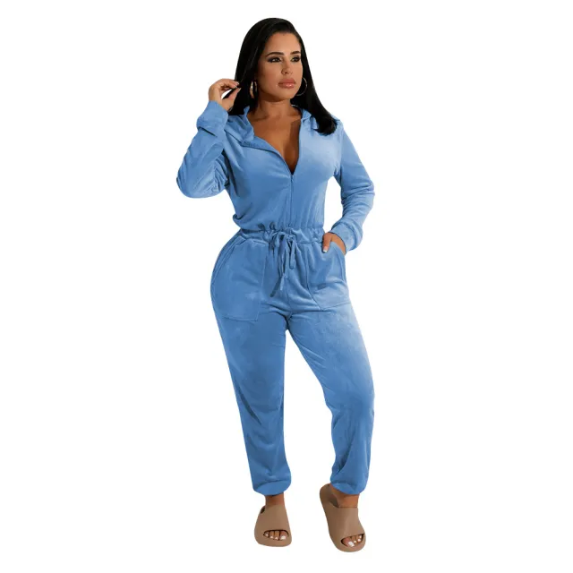Casual Velvet Long Sleeved Loose Ladies Jumpsuit Blue - Shop at LoveMi