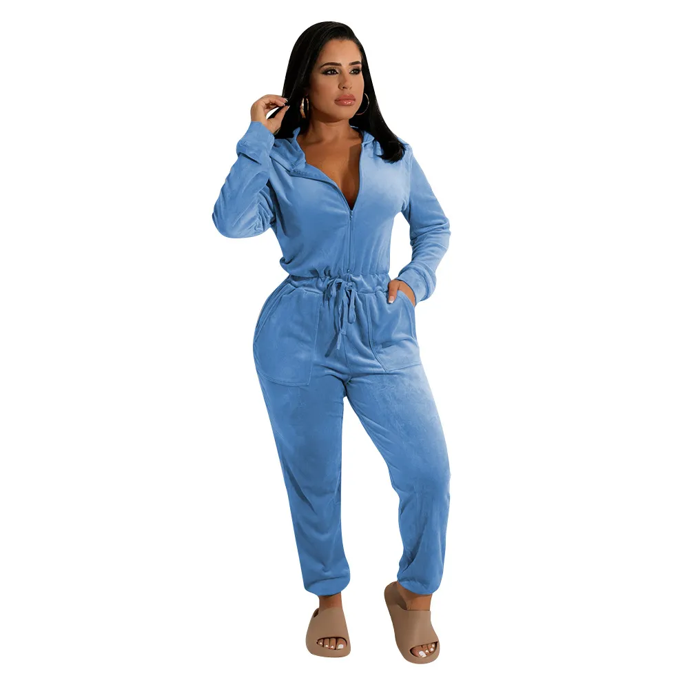 Casual Velvet Long-Sleeved Loose Ladies Jumpsuit - Blue