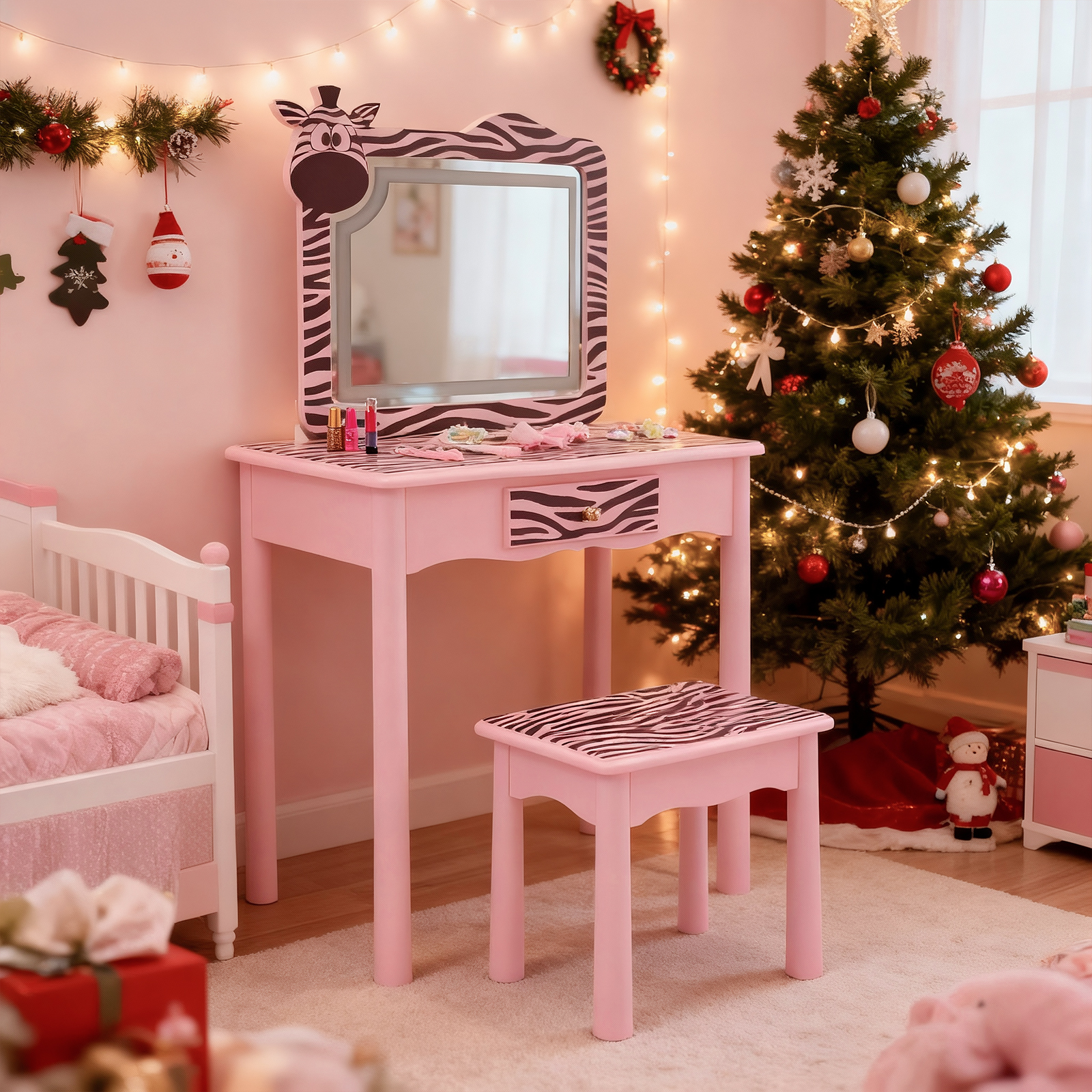 Macaron Pink, MDF - Solid Wood Legs, Spray Paint - Silkscreen Printing, Zebra Pattern, 1-drawer Children's Dressing Table Set, LED Three-color Light-emitting Touch Switch