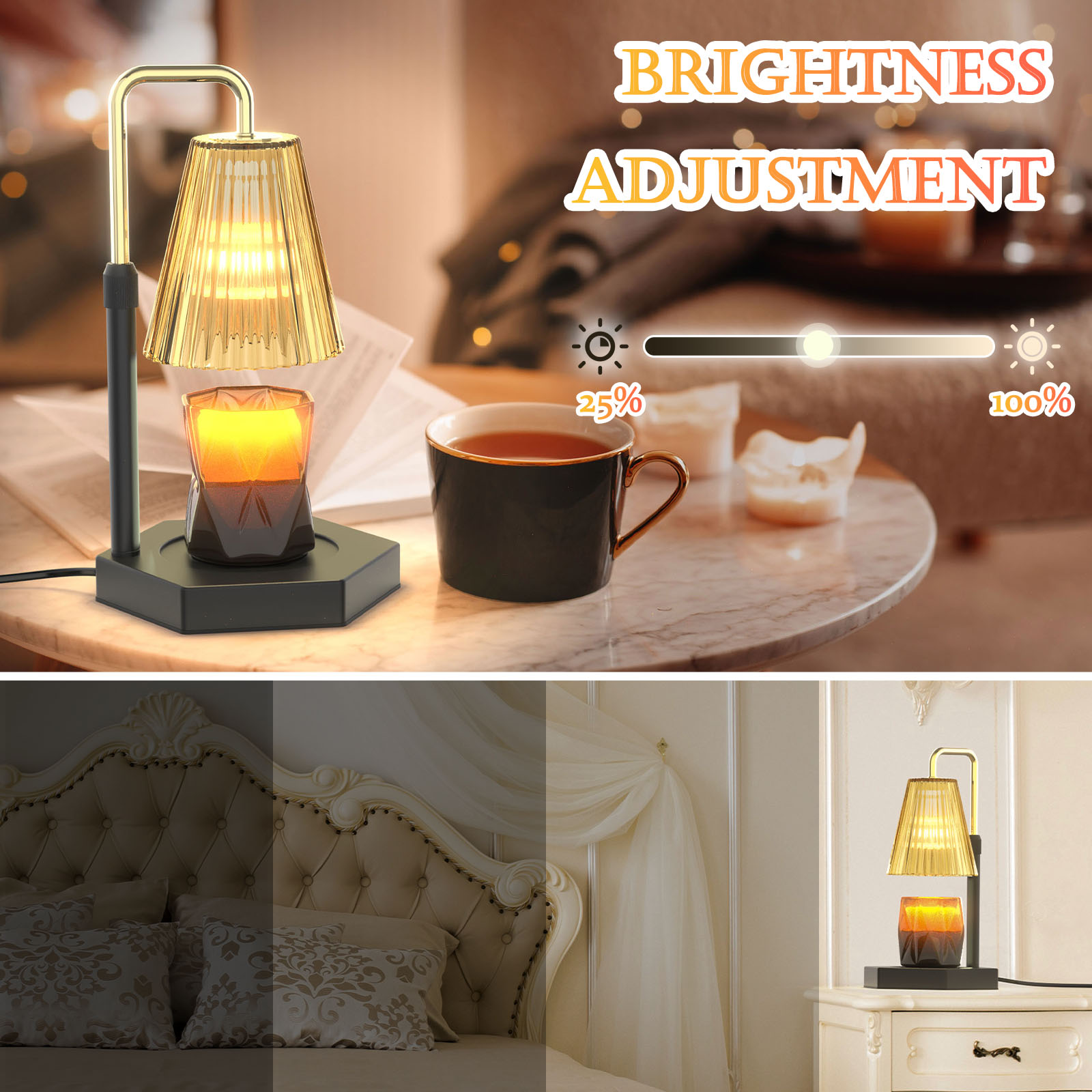 Dimmable Candle Warmer Lamp with Timer. Retro-style Candle Warmer Lamp: Our candle warmer lamp has a combination of amber glass shade and black wooden base, uniquely designed hexagonal base to add an artistic touch and can decorate your room well.( Candle