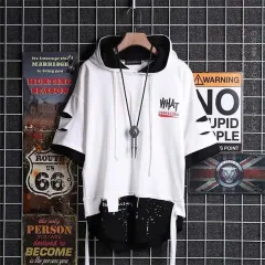 Personalised Ribbon Hole Fake Two-Piece Hooded T-Shirt - White - View 1