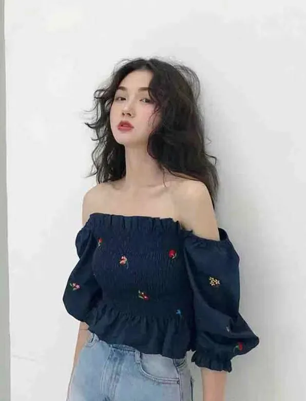 Women's Summer Embroidered One Shoulder Slim Fit Balloon Sleeve Shirt Blue - Shop at LoveMi