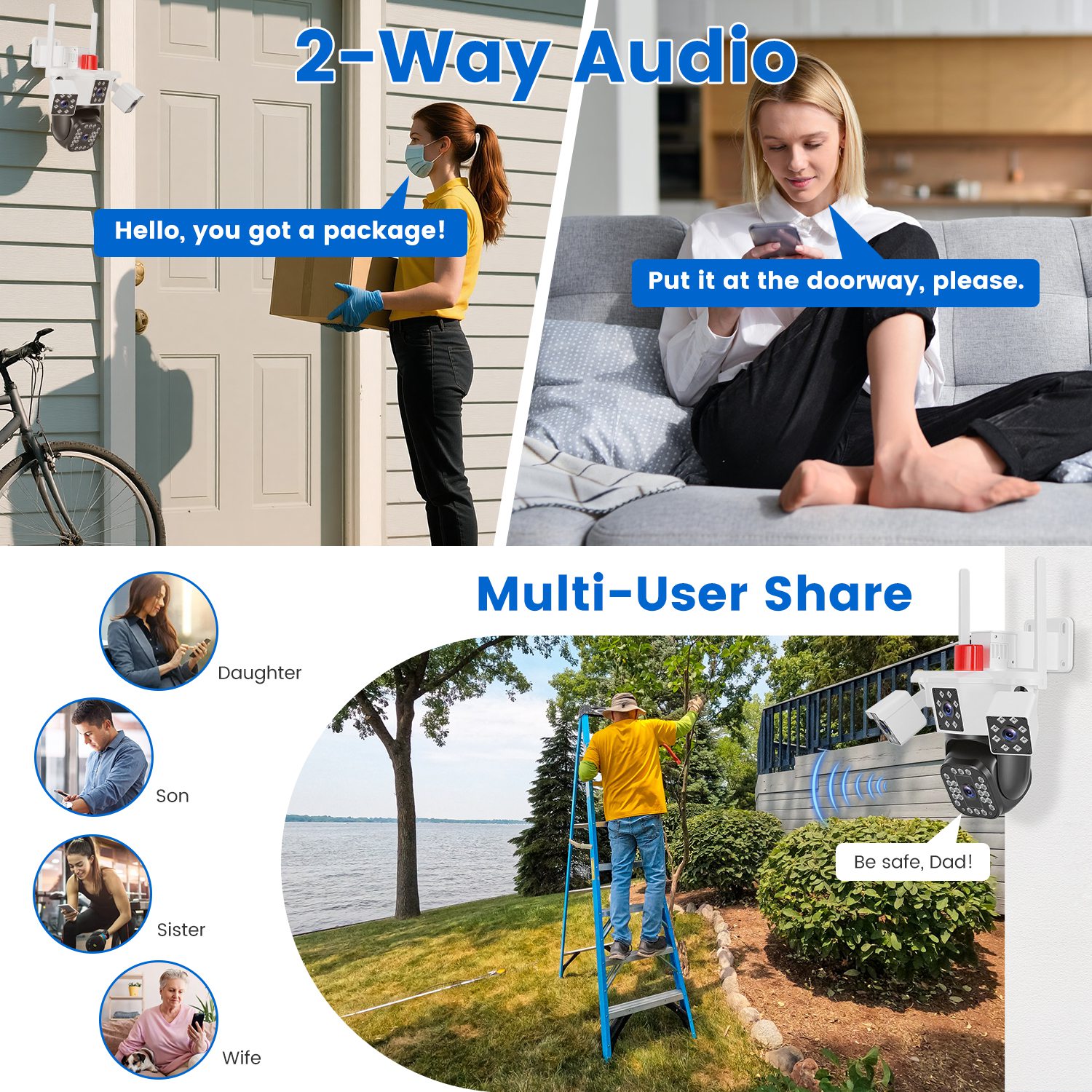 1080P HD 4-Lens Security Camera 360 Degree View WiFi Pan & Tilt Surveillance Camera With Full Color Night Vision Auto Motion Tracking 2-Way Audio Spotlights IP66 Waterproof Max 128G Not Included