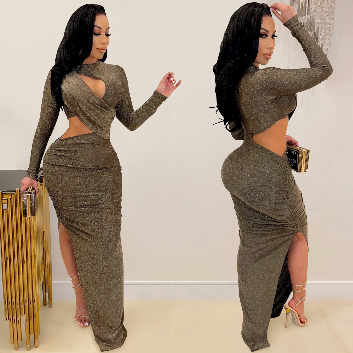 Ladies Long Sleeve Hollow Split Dress - 8
