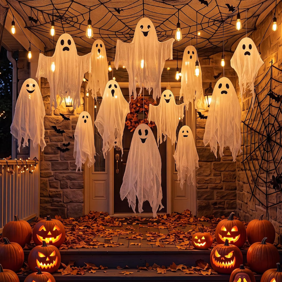 12 Pcs Halloween Hanging Ghost Outdoor Decoration, 3 Sizes