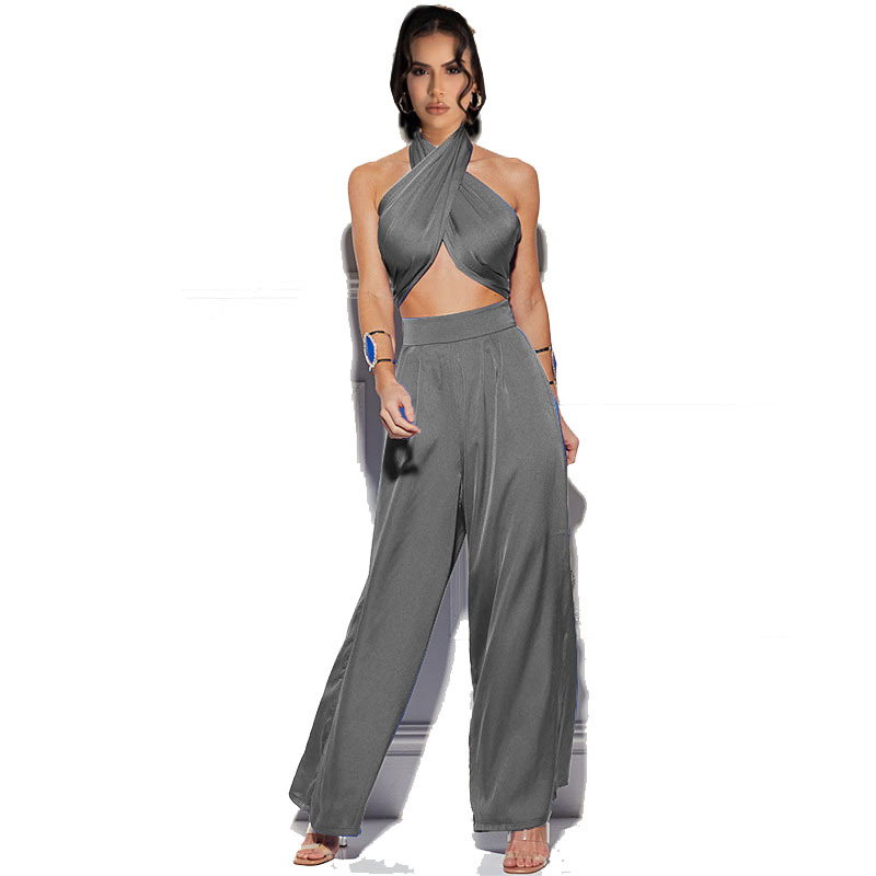 Women's Solid Color Chest Wrap Wide Leg Pants Suit