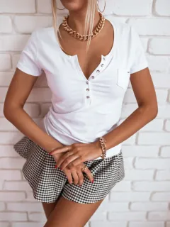 Summer Slim Short-sleeved V-neck Button T-shirt Short-sleeved Women - White - View 1