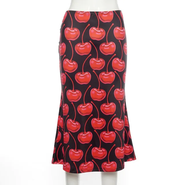 Love Printed Casual Bag Buttocks Half Body Low Waist Long Skirt Cherry Tie Dyeing - Shop at LoveMi