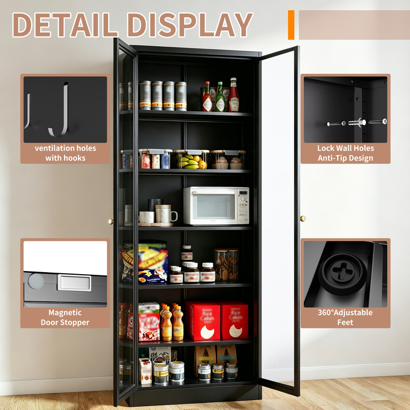 Metal Kitchen Pantry Cabinet - 72in Tall Storage W 5 Adjustable Shelves, Black Freestanding Unit For Kitchen Pantry & Living Room 3