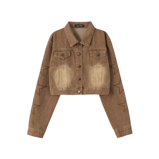 Lapel Vintage High Waist Short Denim Coat Coffee Color - Shop at LoveMi