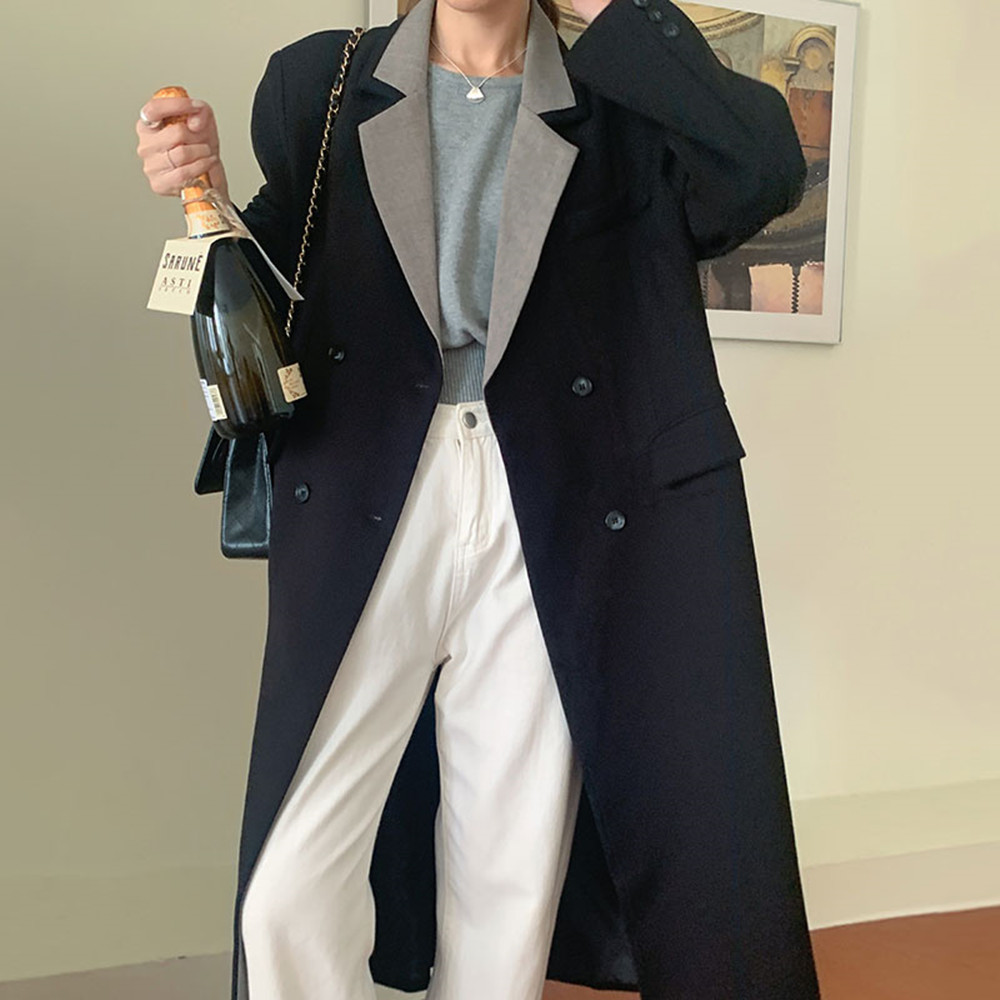 Temperament Simple Contrast Lapel Double Breasted Jacket Black - Shop at LoveMi