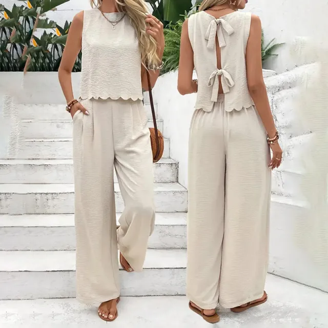 Women's Elegant 2 Piece Matching Set, Sleeveless Crop Top And Wide Leg Pants Outfits Beige - Shop at LoveMi