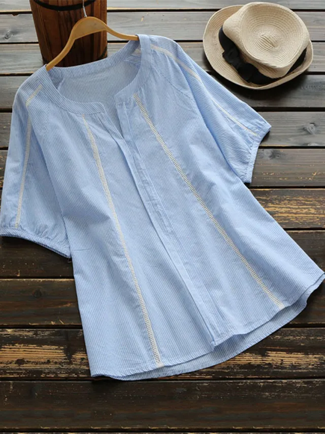 Casual Striped Patchwork V Neck Shirt Light Blue - Shop at LoveMi