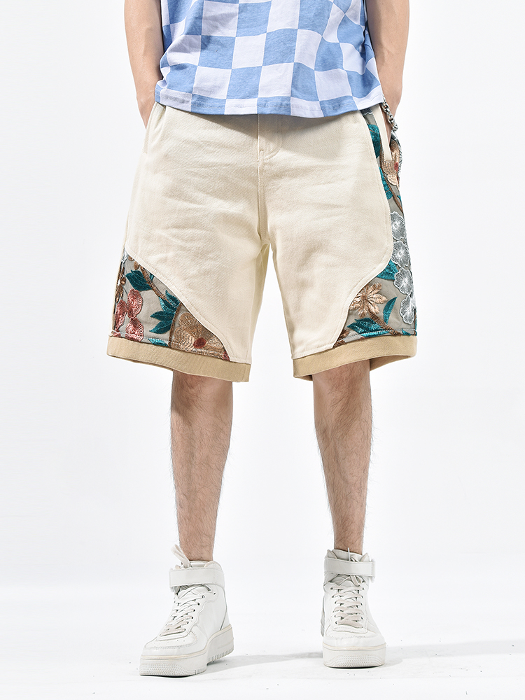 Guochao Pants Hollow Floral Embroidery Five-point Pants