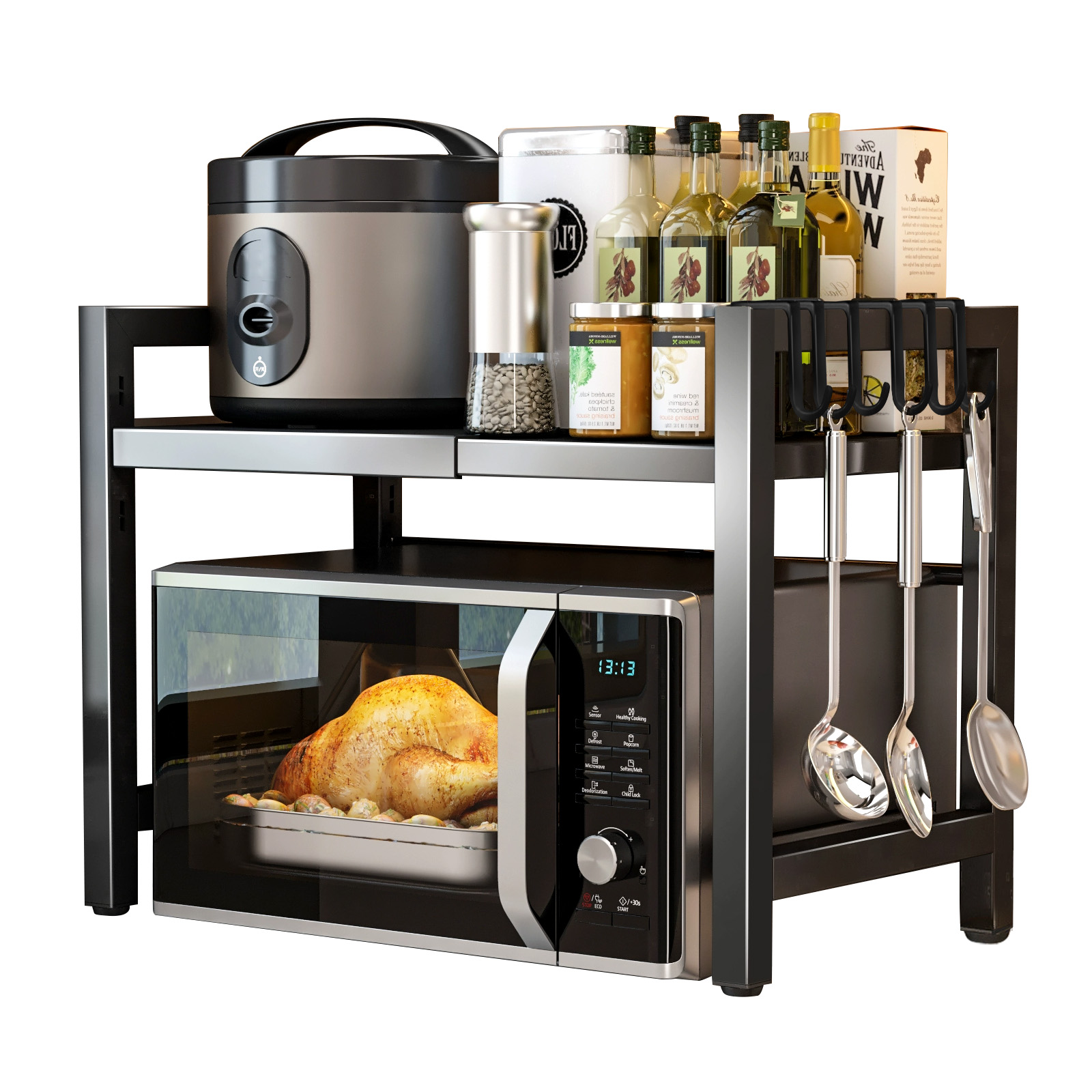 Black Single-layer Double Bar With 6 Hooks And Extendable Kitchen Storage Rack — image 2