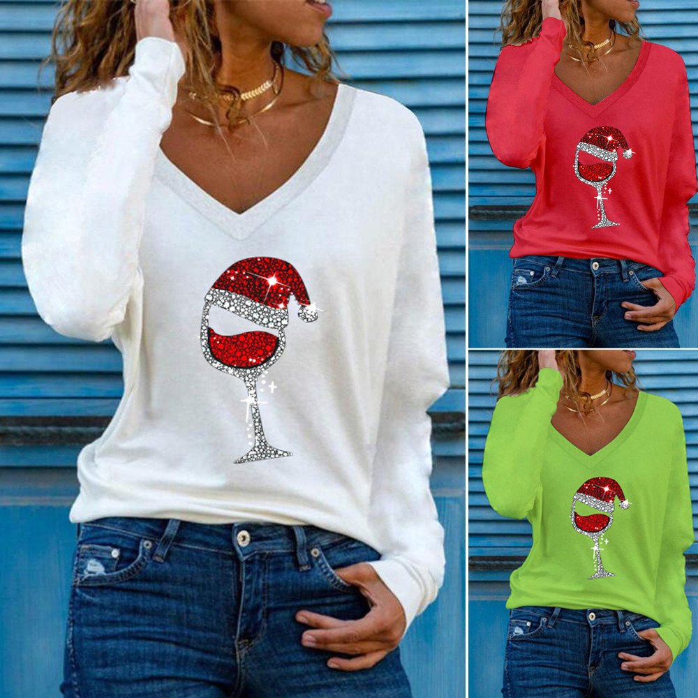 Women's Fashion Casual Christmas Wine Glass Printed Long Sleeve Loose Versatile T-Shirt