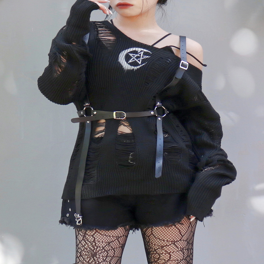 Women's Ripped Top Punk Street Long Sleeve Hollow Round Neck Knitted Sweater