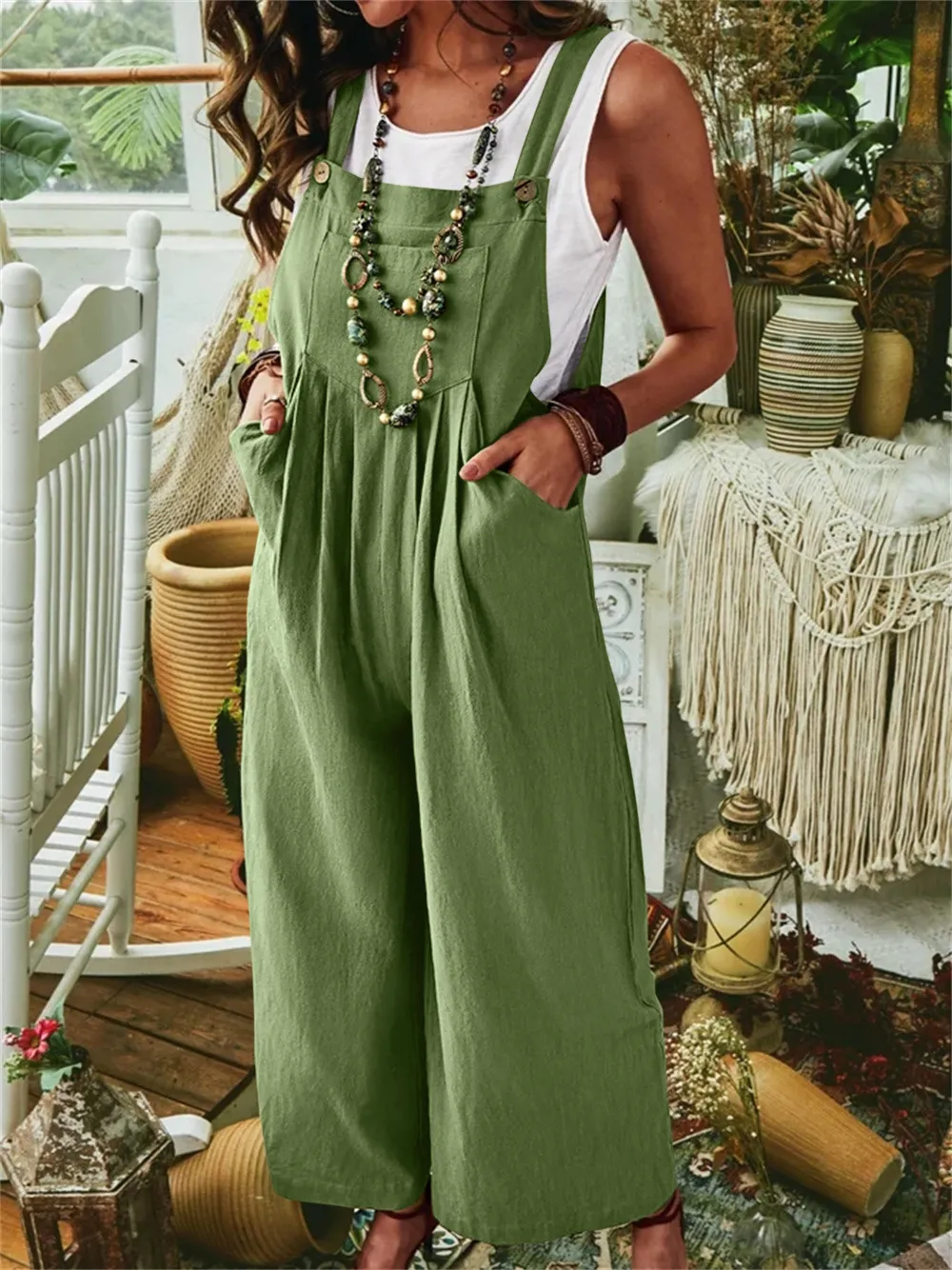 Women's Cotton Linen Pocket Casual Wide Leg Side Button Jumpsuit - Green