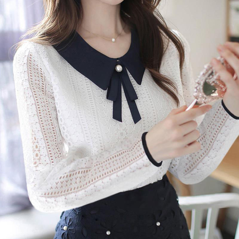 Title 3, Doll Collar Lace Velvet Top Slimming Shirt