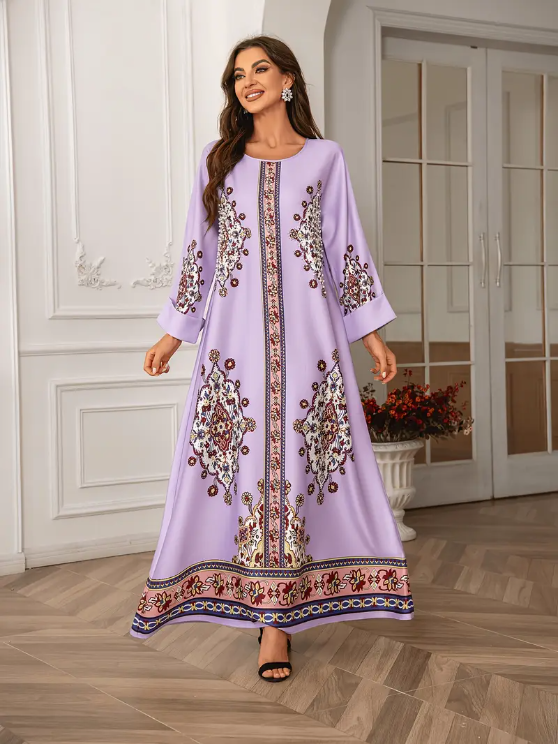 Elegant Floral Print Long Sleeve Abaya Dress