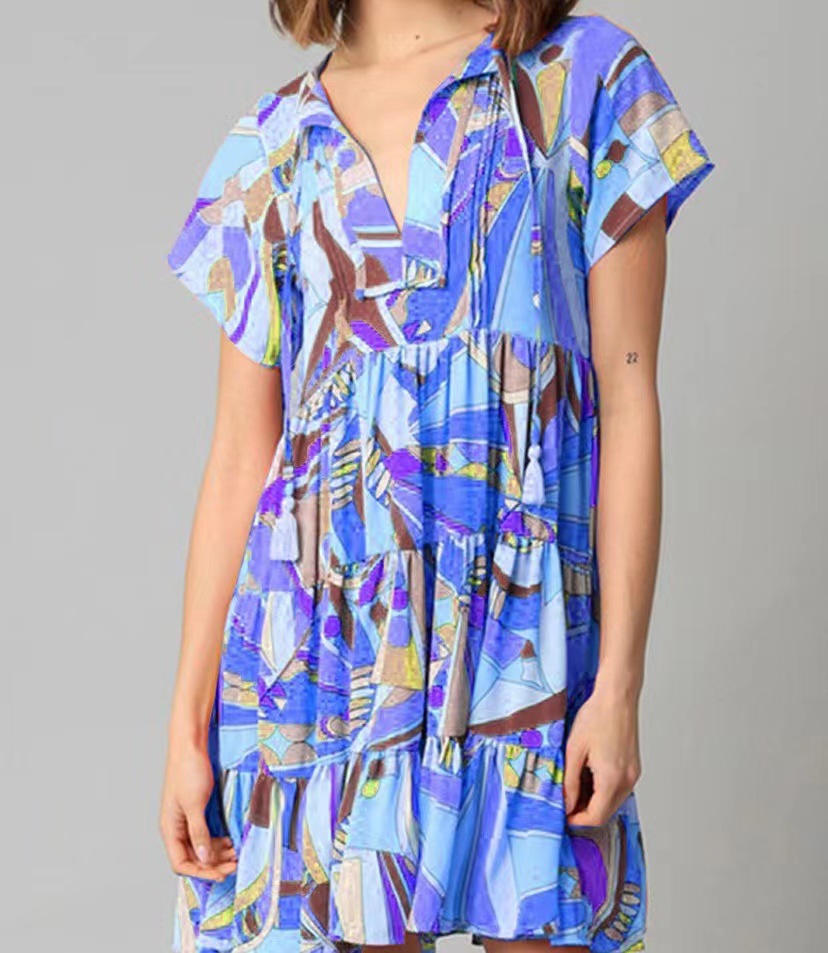 Women's Printed Pullover V-neck Knee-length High Waist Skirt