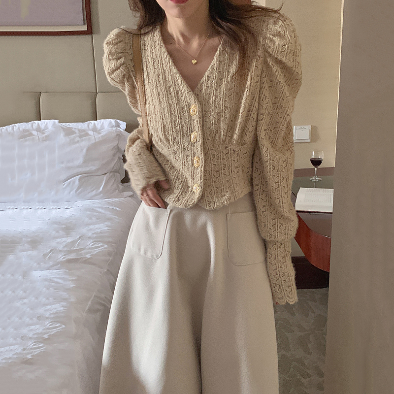 Women's French V-neck Button Lace Shirt High Waist Skirt