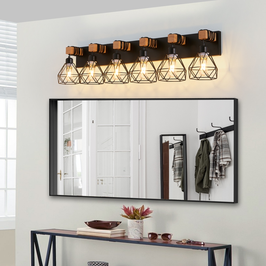 38 Modern Geometric 6-Light Vanity Light Fixture With Black Metal, Wooden Accents And Cage Lampshade For Bathroom, Bedroom, Or Living Room Bulb Not Included