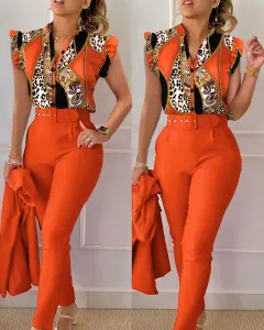 Printed Ruffle Sleeve Top Solid Color Pants Suit With Belt - Orangered With Leopard Print - View 1