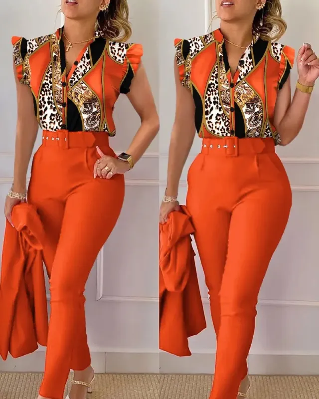 Printed Ruffle Sleeve Top Solid Color Pants Suit With Belt Orangered With Leopard Print - Shop at LoveMi