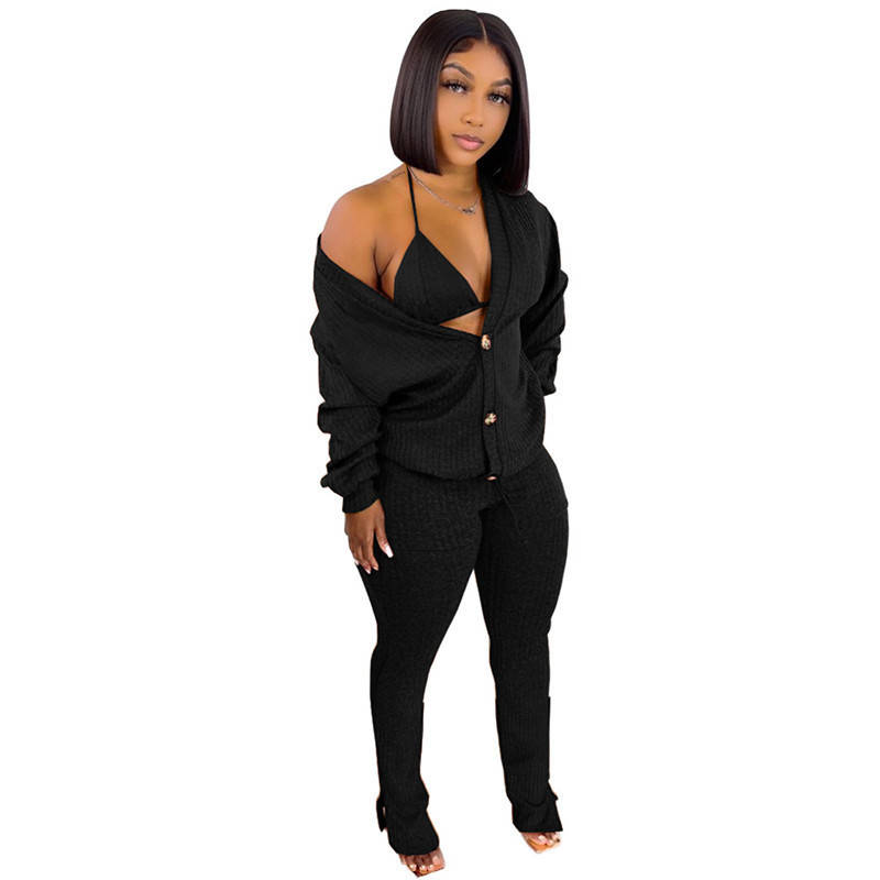 Women's Woolen Coat Underwear Pocket Split Pants 3-piece Suit