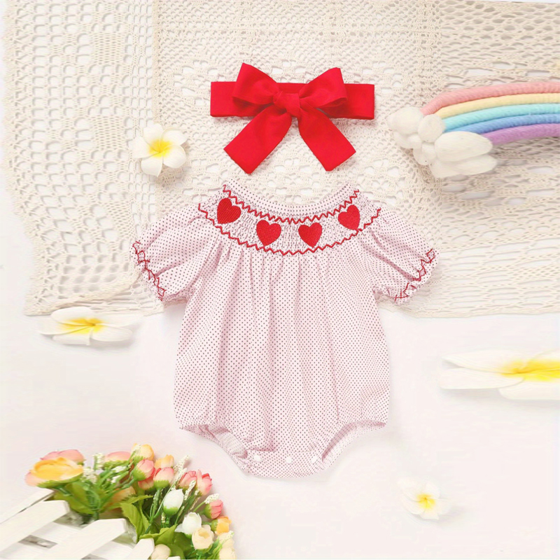 Baby Girl's Short Sleeve Pink Romper, Polka Dot Pattern With Heart Embroidery And Ruffle Detail