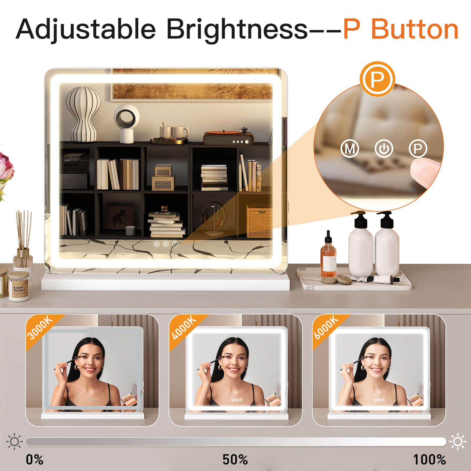 Vanity Mirror With Lights, LED Makeup Mirror With Dimmable 3 Color Modes, Touch Screen Control Vanity Based Mirror Desk Mirror Square White — foto 6