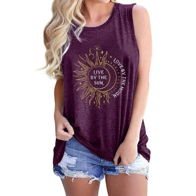 Ladies Vest Sunflower Sun Love Moon Print Round Neck Sleeveless T shirt Purple - Shop at LoveMi