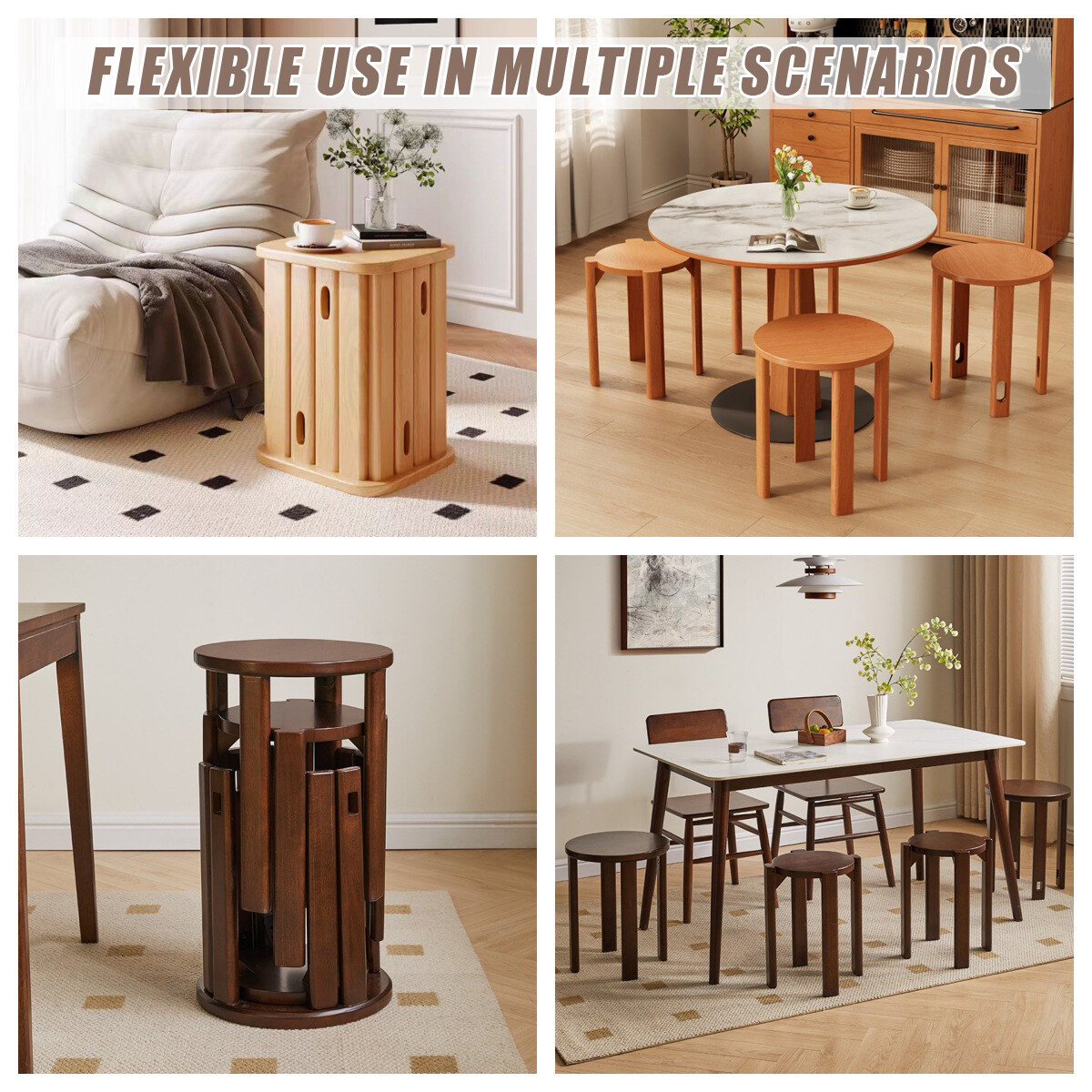 4-In-1 Wood Stool,Stackable Stools Set Of 4, Round Chair Nest Side Table,18 Inch — image 4
