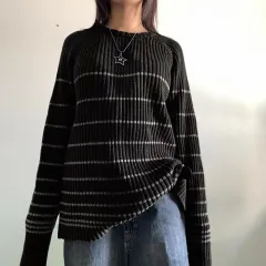 Women's Striped Long Sleeve Top Loose Casual Knitting Sweater - Black - View 1